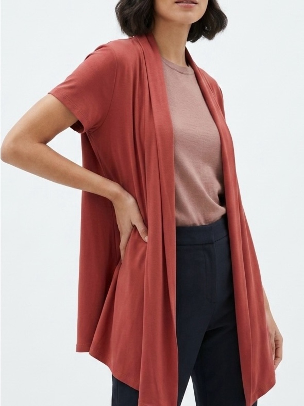 Maurices NWT Rust Short Sleeve Open Front Cardigan Boho Drape Knit Top XS